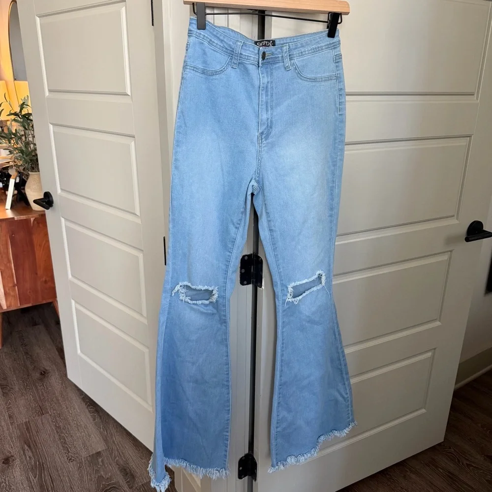 Swank A Posh Super High Waisted Slit Distressed Bell Bottoms - Picture 2 of 8